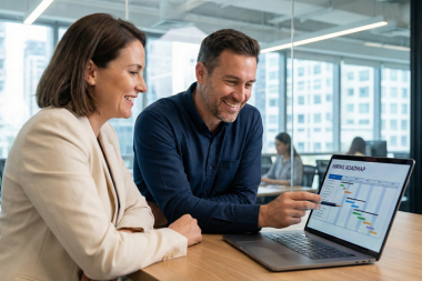 Hiring leaders reviewing recruitment data and workforce planning insights on a laptop during a staffing consultation in a modern U.S. office environment.